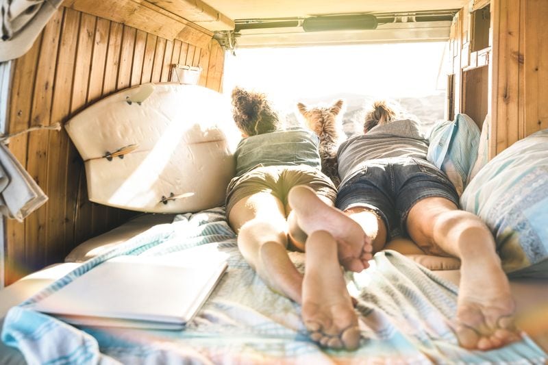 Couple with cute dog on bed in van